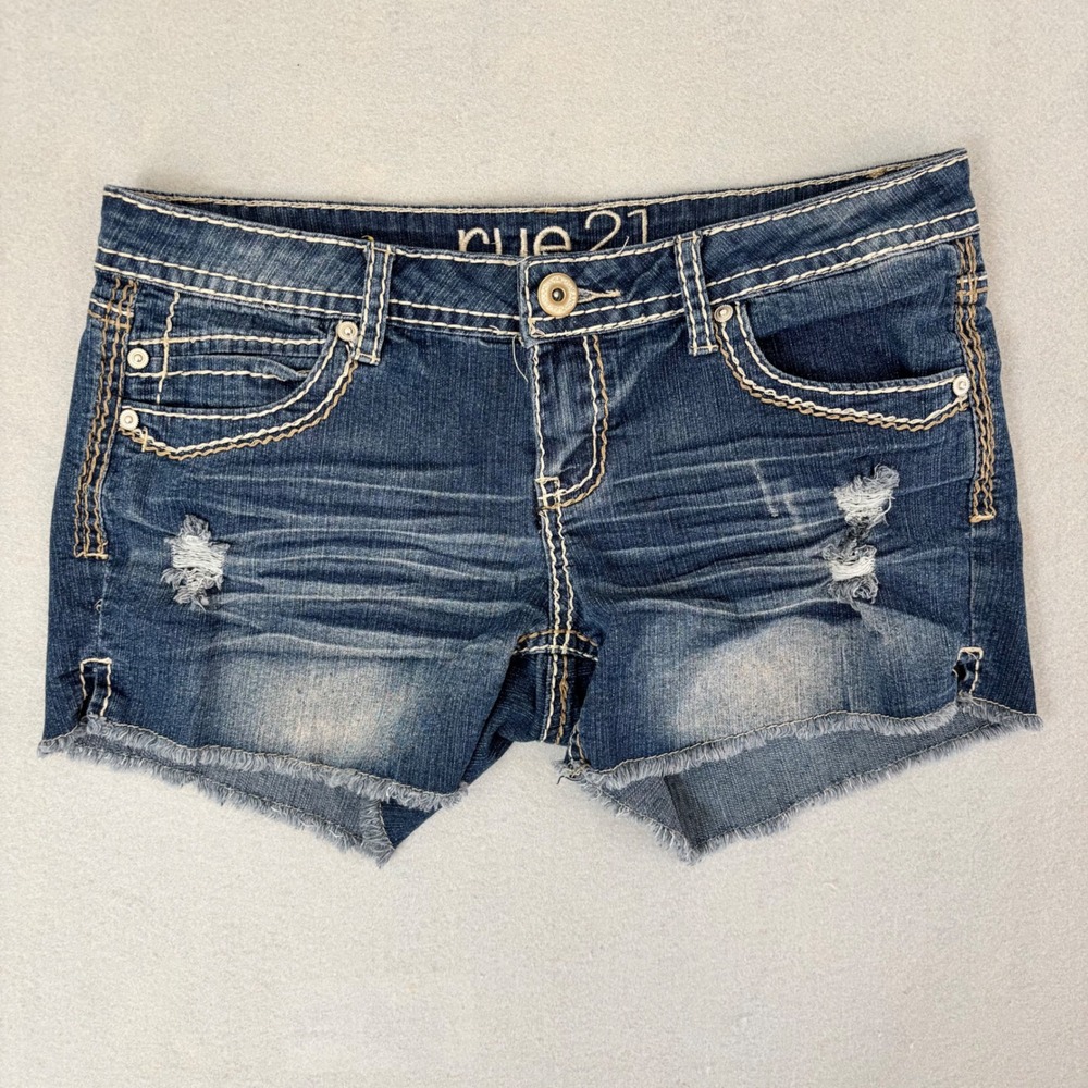 Rue21 Womens Distressed Denim Shorts Blue Low Rise Embroidered Pockets Size 7/8